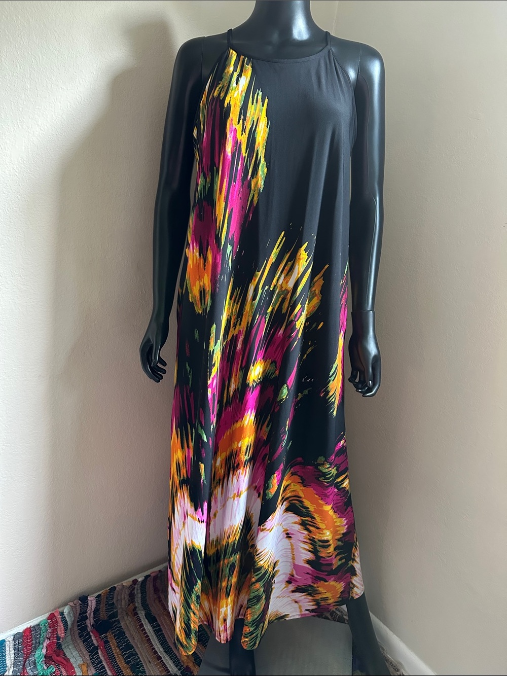Cato Road to Rio Ideal Black Maxi Dress with Pink and Yellow Brushstroke Print